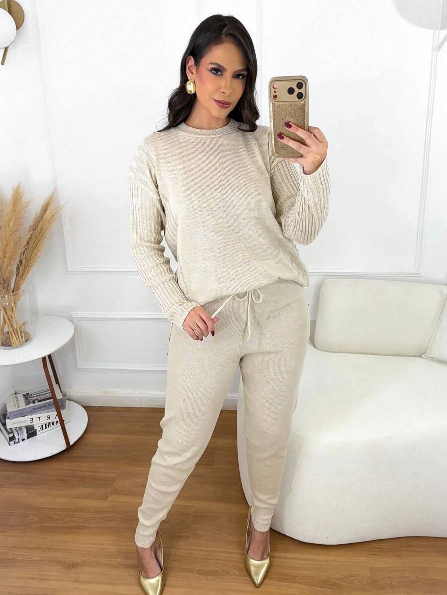 Women's Ribbed Knit Set: Mullet Blouse With Long Sleeves, Sweatshirt Set, Sweater, And Jogger Pants With Drawstring Cuffs - Winter Look - 沙丘 - 查看 1