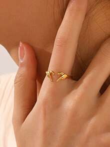 1pc 18K Gold Plated Stainless Steel Fashion Heart-Shaped Open Ring, Suitable For Women's Daily And Date Wear - Gold - View 2