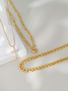 3件套优雅立方氧化锆十字架和心形吊坠多层项链，适合女性日常佩戴、约会、派对等场合。 - 金黃色 - 查看 5