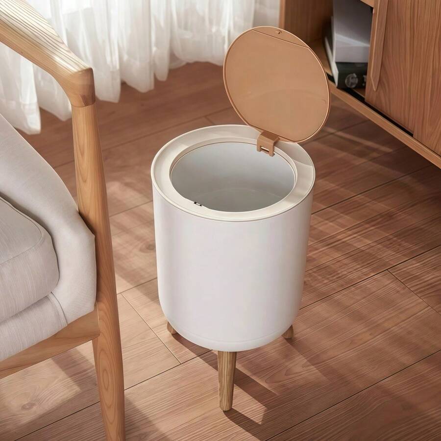 7L White Trash Can With Bamboo Legs And Click-On Lid | Modern For Bathroom And Kitchen - trắng - Xem 1