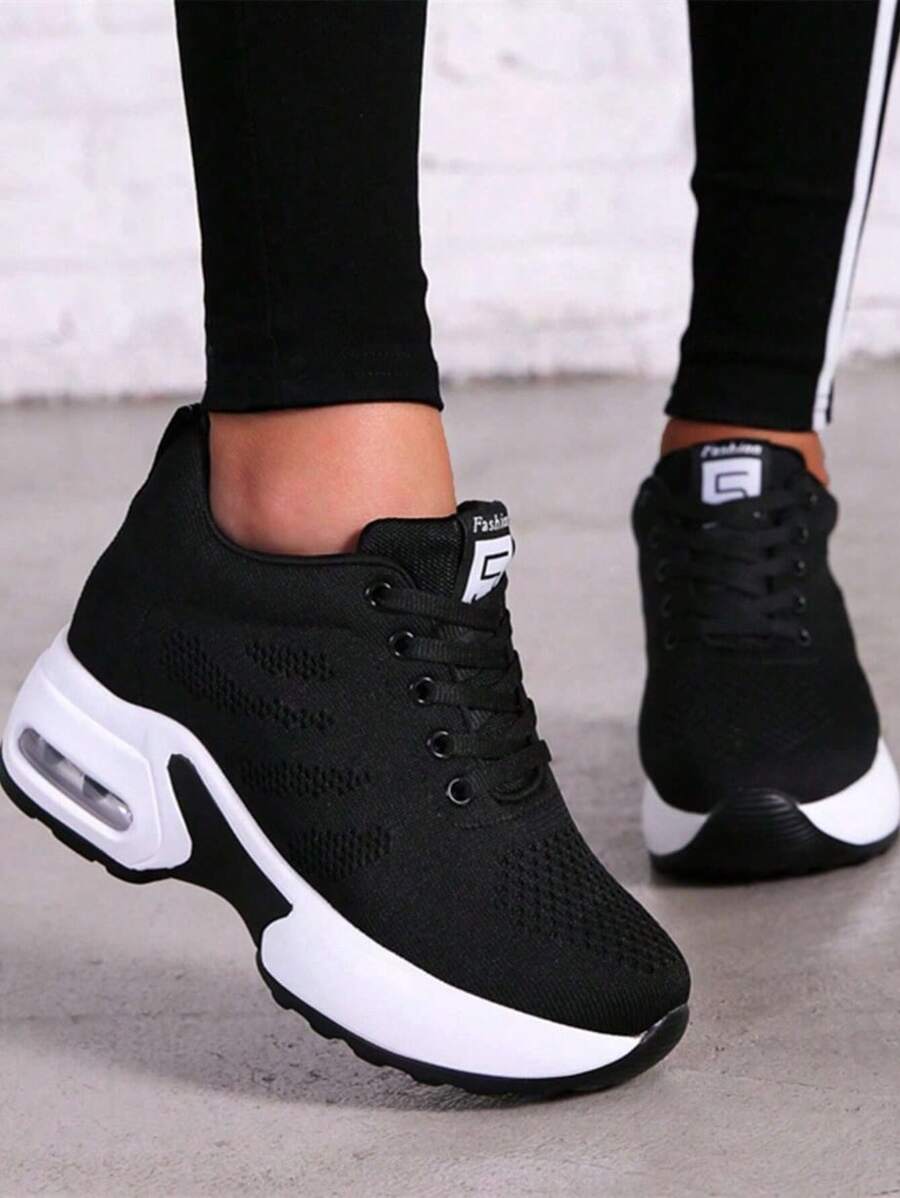 Fly Woven Sneakers, Women's Breathable Mesh Air Cushion Shoes, Women's Casual Dancing, Fitness, Running, Women's Shoes, Light Travel Shoes - 黑色 - 查看 1
