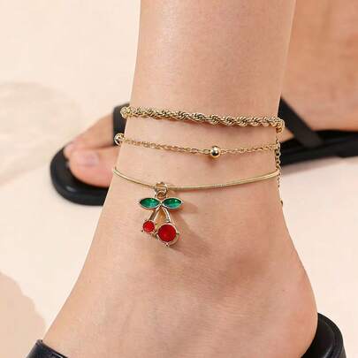 3条简约可爱樱桃合金吊坠编织链脚链，适合女性