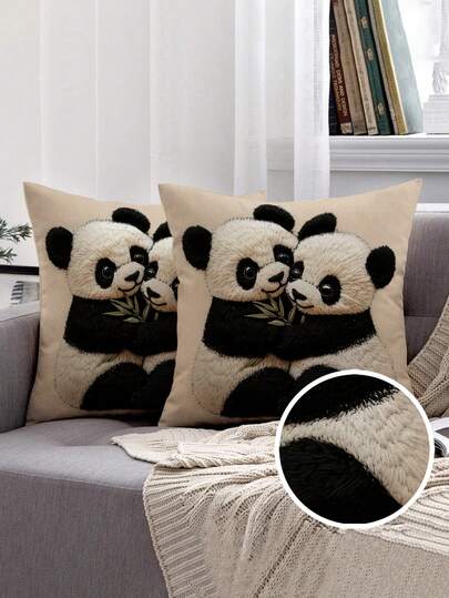 1pc Cute Panda Hug Design Cushion Cover, Modern Square Design Throw Pillow Case With Zipper Closure, Soft Plush Fabric, Suitable For Sofa, Bed, Home And Car Decor, Panda Gift