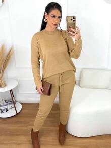 Women's Ribbed Knit Set: Mullet Blouse With Long Sleeves, Sweatshirt Set, Sweater, And Jogger Pants With Drawstring Cuffs - Winter Look - 米色 - 查看 5