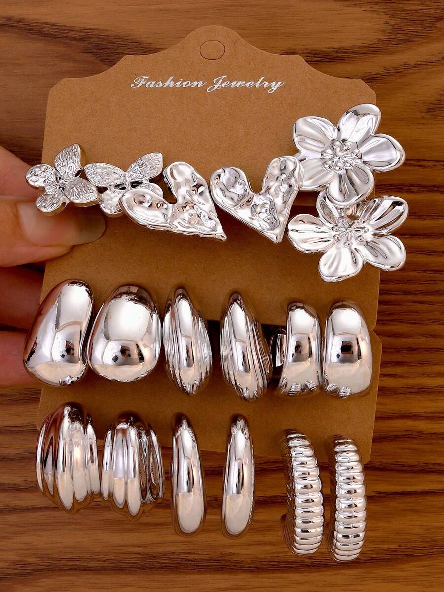 Juego de 9 pares de pendientes plateados CCB - Pendientes hipoalergénicos con diseños florales y de corazón, adecuados para uso diario y de fiesta - Plateado - Ver 1