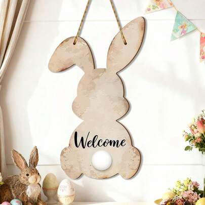 1件复活节木质前门装饰，复活节兔子欢迎牌，可爱灰色兔子木质欢迎牌，复活节主题墙面装饰，适用于复活节派对前门、木质门廊和家庭前门装饰