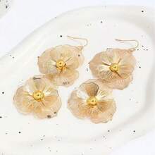 1pair Fashionable Double-Layer Floral Drop Earrings With Exaggerated Design, Long Floral Earrings For Women, Suitable For Daily Wear - 金子 - 查看 5