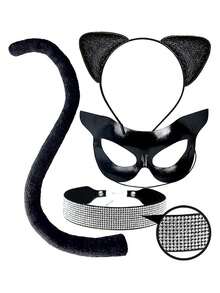 Black Cat Themed Accessories, Glitter Mask Cat Ears, Adult Halloween Cat Ears & Tail Set With Rhinestone Collar - Black - View 8