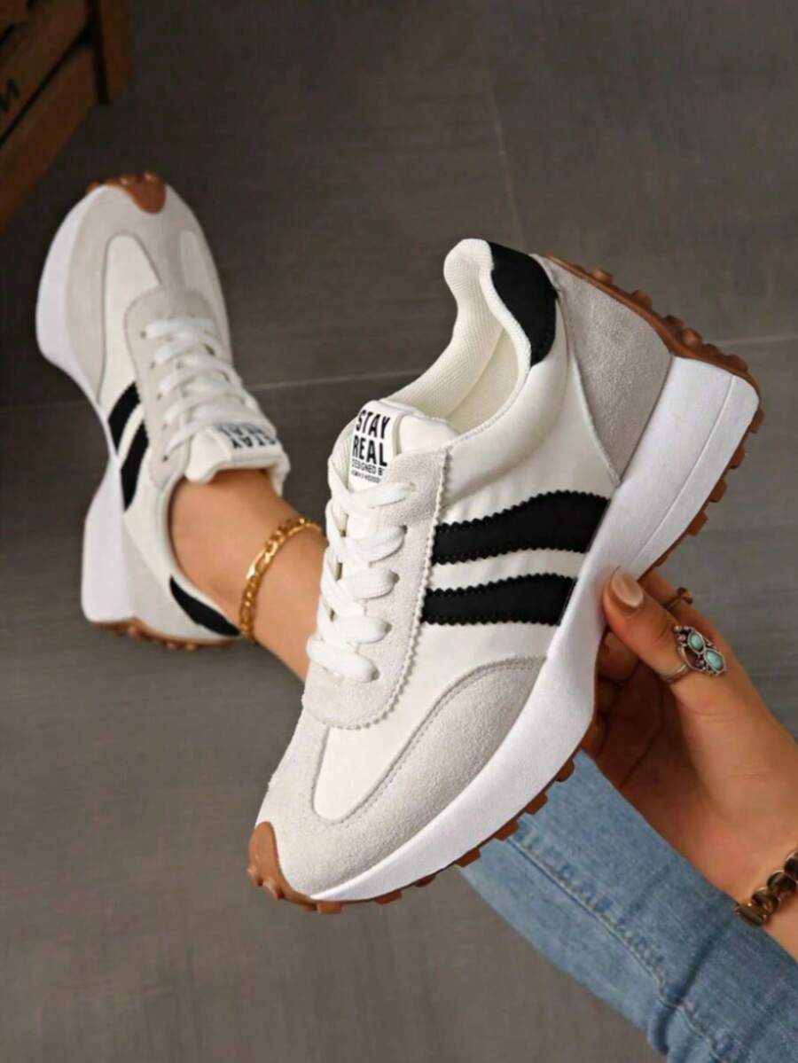 Women's Comfortable Lace Up Athletic Sneakers - Lightweight Multipurpose Casual Shoes, Non-Slip Rubber Sole, Suitable For All Seasons,Suitable For Gift-Giving During The School Opening Season - 灰白 - 查看 1