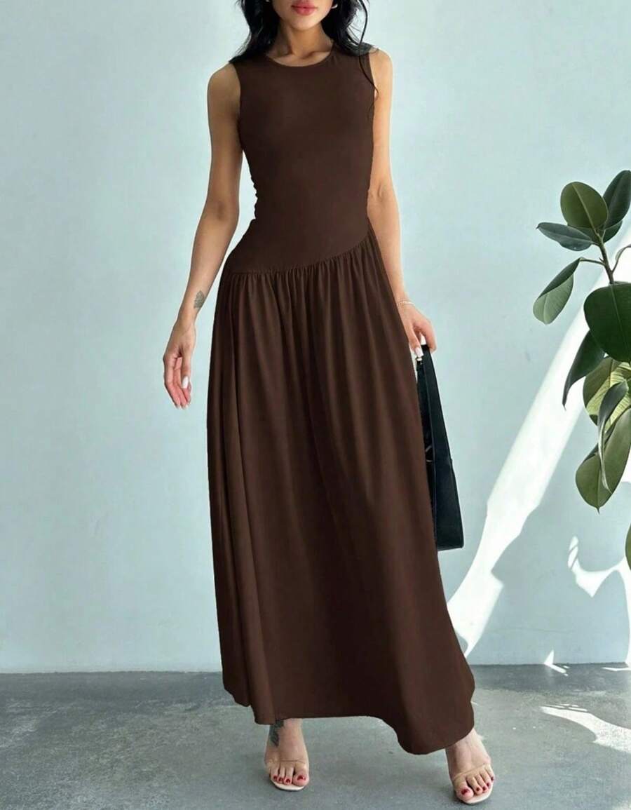 Women's Sleeveless Long Dress, Elegant, Asymmetrical, Casual, Evangelical Fashion - 鏽棕色 - 查看 1