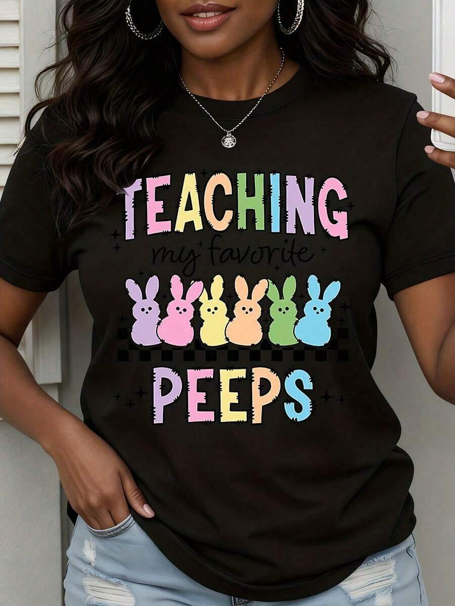 Camiseta de Mujer con Estampado de Conejo de Pascua, Estilo Casual de Primavera para Maestras y Celebraciones de Pascua - Negro - Ver 1