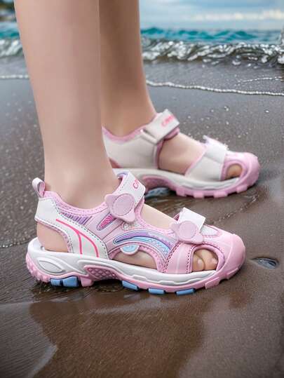 1 Pair Girls' Pink Closed Toe Sports Sandals, Hollow Lightweight EVA Shock-Absorbing Outdoor Beach Sandals For Girls, Suitable For School, Street, Outdoor Wear, Ideal For Labor Day, Children's Day, Easter And Other Holidays