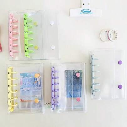 1pc Transparent/Holographic A7 Size 6-Ring Soft Cover Loose Leaf Notebook, Planner, Photo Album, Sticker & Card Holder, Includes 10 Inner Pages