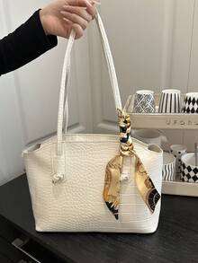 1 Peça Bolsa de Ombro Sólida Estampada Moda Feminina para Transporte, Bolsa de Ombro Versátil Portátil de Grande Capacidade, Adequada para Encontros, Compras, Passeios, Viagens, Acompanhada de Lenço - Branco - Visão 2