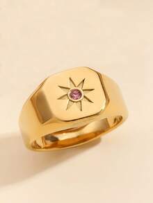 1pc Stainless Steel Fashionable And Gorgeous Retro Style Women's Pink And Red Diamond Sun Shape Pattern Ring, Suitable For Women's Daily Wear Or Gift Giving - Yellow Gold - View 8