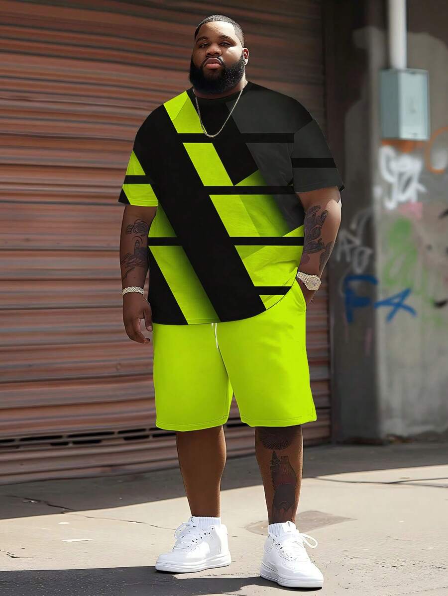 2pcs Big & Tall Neon Green Geometric Print Set | Contrast Color Block Streetwear Sports Outfit - Green - View 1