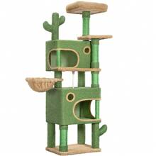 Árbol para gatos Cactus de 165 cm con 6 postes rascadores, 2 plataformas, 2 cuevas, cesta, bolas de peluche y cuerda de sisal. Apto para gatos de varios tamaños. Color verde y marrón. - marrón verdoso - Ver 12