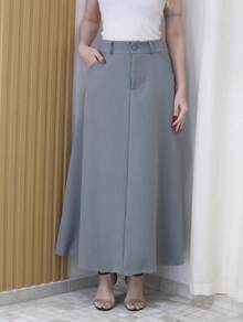 Elegant Solid Color Women's Long Skirt With Belt Loops - Xám - Xem 3