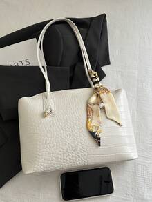 1 Peça Bolsa de Ombro Sólida Estampada Moda Feminina para Transporte, Bolsa de Ombro Versátil Portátil de Grande Capacidade, Adequada para Encontros, Compras, Passeios, Viagens, Acompanhada de Lenço - Branco - Visão 8