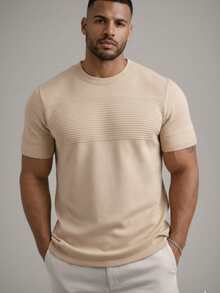 TRICOT DE LUXO Men's Lightweight, Plain, Cool, Basic Crew Neck Knit T-Shirt, High Quality, Premium Quality, For Spring, Summer, And Autumn. - 米色 - 查看 4