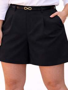 Women's Plus Size Tailored Shorts With Belt And Pockets, High Waist - Black - View 2
