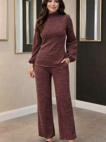 Comfortable Women's Set For Winter And Mid-Season Casual Stylish Cute Knit Fabric Winter Home Set - 鏽棕色 - 查看 2