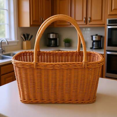 1个小/大号藤编外观储物篮，花篮购物篮，藤编外观手提篮，储物箱，露营户外储物篮，便携式藤编外观储物篮购物篮，复古储物篮 - 手提篮，手工编织藤编外观购物篮，置物篮