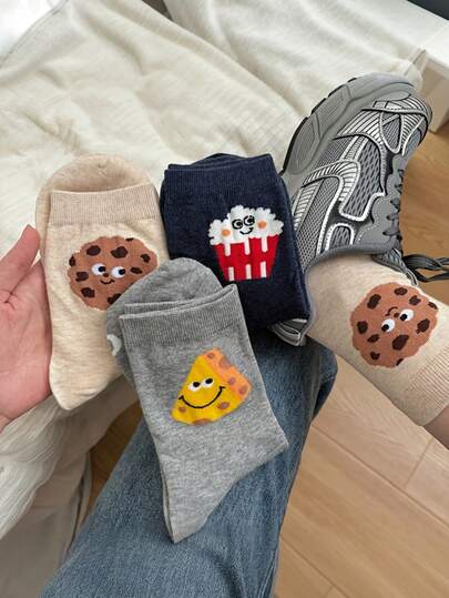 1/4/8 Pairs Cute Cartoon Socks - Novelty Crew Socks, Suitable For Parties And Events, Cheese, Cookie, Fried Egg, Popcorn Printed Socks, Lightweight And Breathable, All Season, Suitable For Casual Daily Wear And Outings, Adorable Socks, Great For Gifts