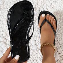 女士人字拖凉鞋，休闲街头风格夏季沙滩人字拖，平底黑色百搭防滑拖鞋 - 黑色 - 查看 10