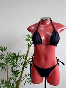 String Bikini With Micro Thong Bottom For Tan Lines - Elegant Tie-Back Closure, Perfect For Vacation Or Beach. - Army Green - View 2