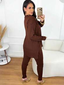 Women's Ribbed Knit Set: Mullet Blouse With Long Sleeves, Sweatshirt Set, Sweater, And Jogger Pants With Drawstring Cuffs - Winter Look - 鏽棕色 - 查看 6