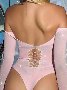 1 bộ đồ ngủ liền thân ren hoa gợi cảm, đồ lót ôm sát. - Hồng - Xem 3