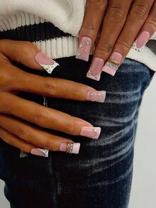 Bộ 10 móng giả Y2K Nails Chic Duckbill - Làm thủ công, móng màu hồng, móng màu trắng, móng kiểu Pháp màu trắng và hồng, vòng vàng 3D và vòng đá pha lê 3D nhiều màu sắc thủ công, họa tiết chấm bi vàng vẽ tay, điểm nhấn đá pha lê lấp lánh nhiều màu sắc, móng giả thủ công tinh tế và duyên dáng. - Nhiều màu - Xem 3