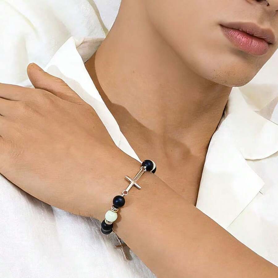 1条极简复古合金十字架夜光哑光串珠手链，适合男士佩戴 - 十字架手鍊 - 查看 1