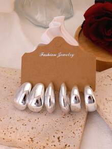 欧美跨境流行珠宝金属几何优雅耳环套装，花朵、心形、C形圈形耳环 - 銀色 - 查看 5