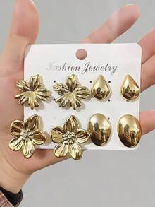 8件套时尚耳环套装，夸张的五瓣花系列耳环，适合日常和节日佩戴，采用ABS树脂材质，UV镀金，不褪色。 - 金色 - 查看 4