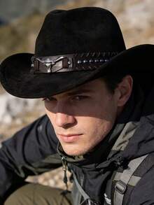 Sombrero vaquero clásico de ala ancha, con correa de hebilla ajustable y remaches marrones, adecuado para fiestas vaqueras, rodeos y festivales de música. - Multicolor - Ver 2