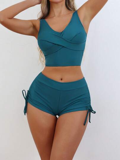 2pcs/Set Women's Bikini Swimwear, Halter Neck Solid Color Fashion Swimwear, European & American Style Criss-Cross Padded Bust, Sexy Beach Vacation Casual Surfing