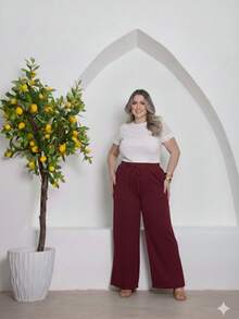 Duna Plus Size Wide-Leg Pants - 酒紅色 - 查看 1