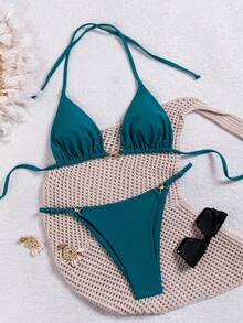 wohenmeili Conjunto de biquíni frente única para férias de verão feminino - Verde escuro - Ver 8