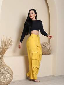 Women's Wide Leg Cargo Pants, High Waist, Tailored, Marrant Style, Palazzo Pants With 4 Utility Pockets, Premium Streetwear - 黃色 - 查看 3