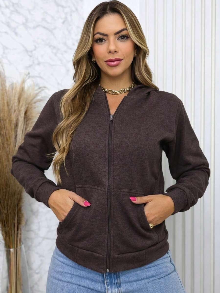 Women's Casual Zip-Up Jacket With Solid Color Hat. - Cà phê nâu - Xem 1