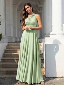 Volly Toych 简约优雅的无袖雪纺长款伴娘礼服，采用不对称领口和垂褶结饰设计，也可作为婚礼宾客礼服。 - 薄荷綠 - 查看 4