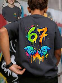 Tween Boy Colorful Creative Number 67 Print T-Shirt, Suitable For Casual, Streetwear, School, Events, Fashionable Boys' Summer Top - Dark Grey - View 1