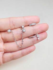 4件套精美锆石耳环套装，可叠戴，搭配珍珠，适合女性佩戴，耳骨穿孔时尚饰品，14K镀金低敏垂坠耳环，精致小巧长链穿孔饰品，适合女性和女孩佩戴。 - Silver-7# - 查看 4