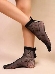 女士薄款踝袜 女士蝴蝶结中筒袜 新款印花中筒袜 3D蝴蝶结女士袜子 - 黑色 - 查看 6