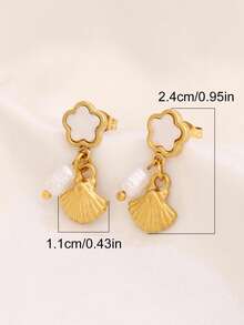 1对不锈钢五叶花耳钉，女士时尚18K PVD镀层设计，珍珠海星贝壳吊坠耳环首饰 - 耳環 - 查看 9