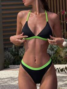 Stylish Halter Neck Bikini With Backless And Lace Up Details Black And Green Ribbed Swimsuit Set For Women Beach Vacation Summer - Black - View 1
