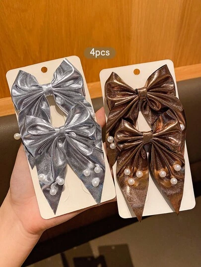 2/4pcs Silver & Khaki Bow Hair Clips, Sweet Style Hair Accessories Suitable For Daily Use