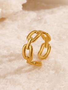 1pc 18K Gold Plated Stainless Steel Geometric Ellipse Open Ring, Suitable For Women's Daily, Party Wear, Holiday Gift - Gold - View 3